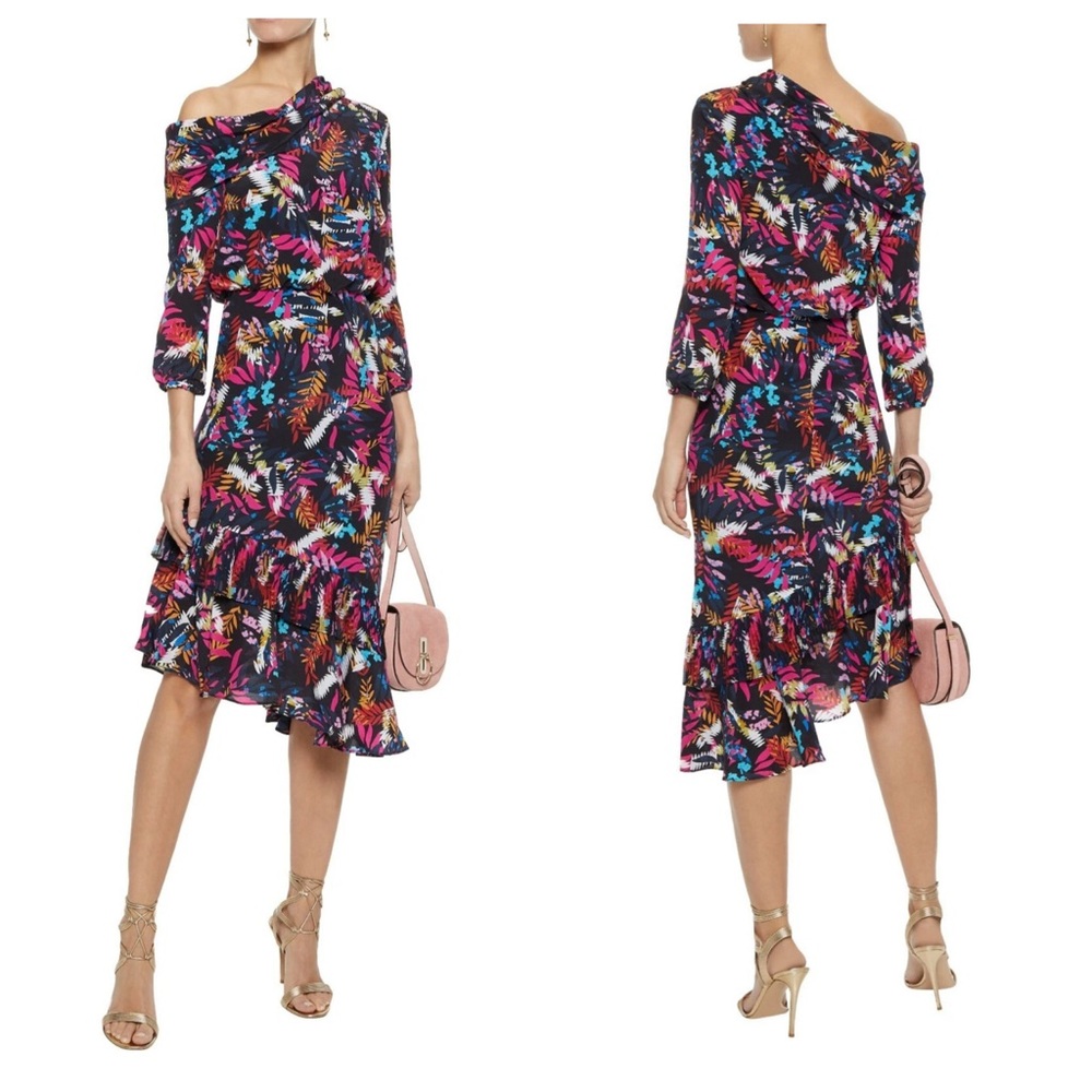 SALONI Lexie Navy Fern Off One Shoulder Asymmetric Ruffle Silk Dress size 12
